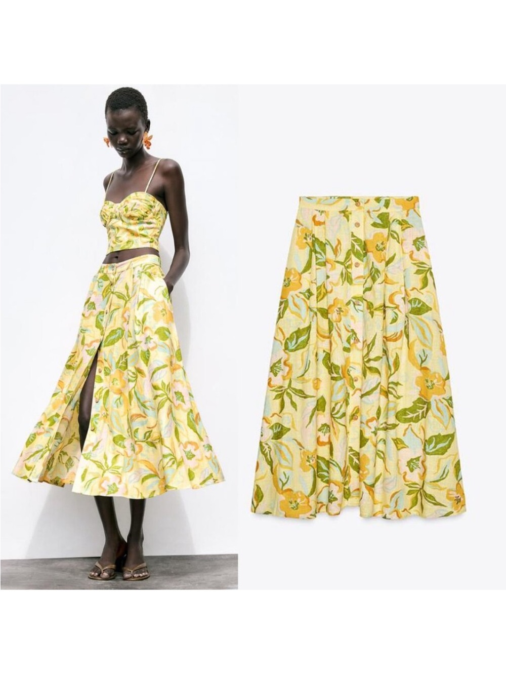 Zara linen floral tropical skirt top set large